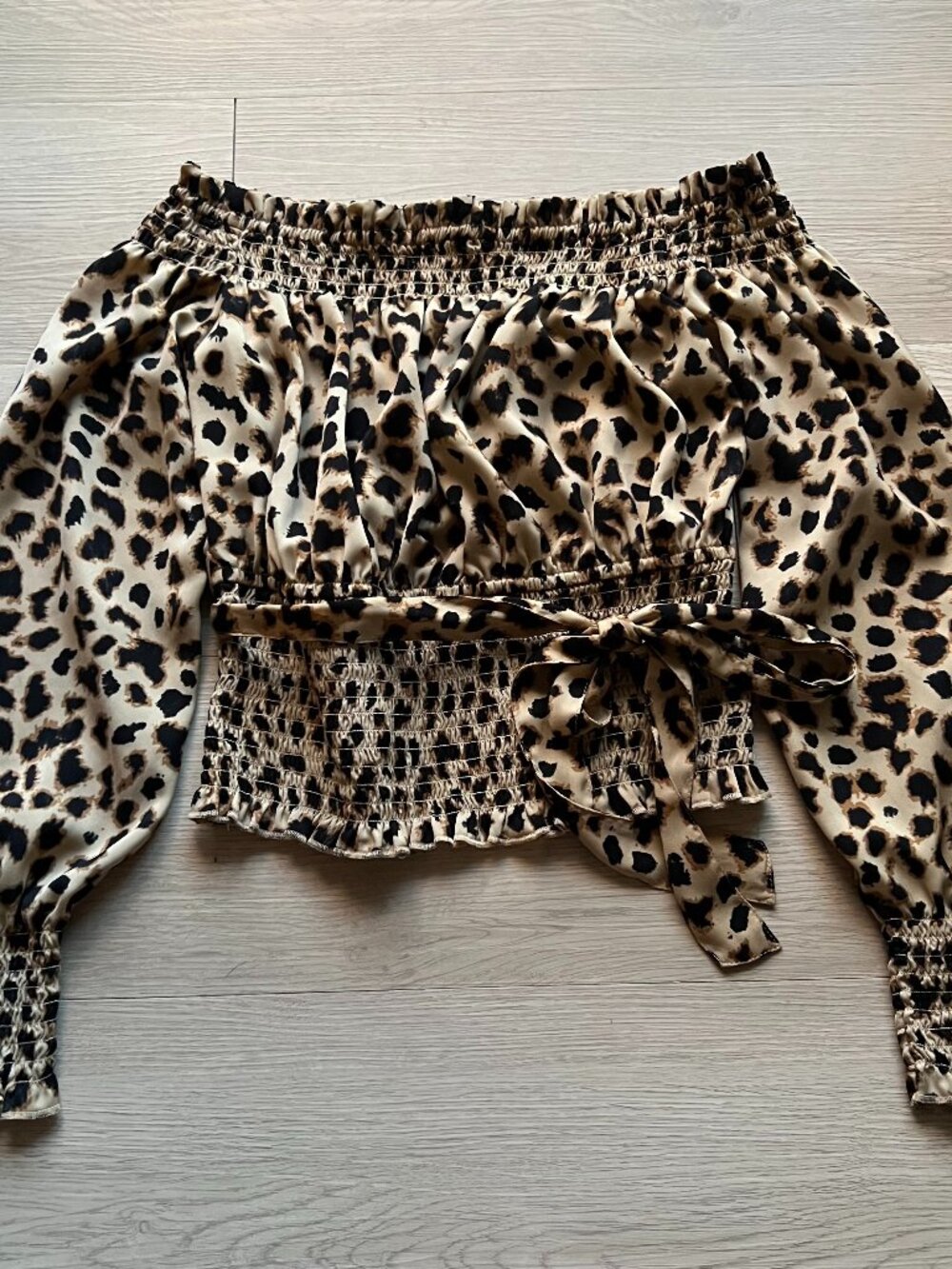 Express Off the Shoulder Leopard Top with Smocking